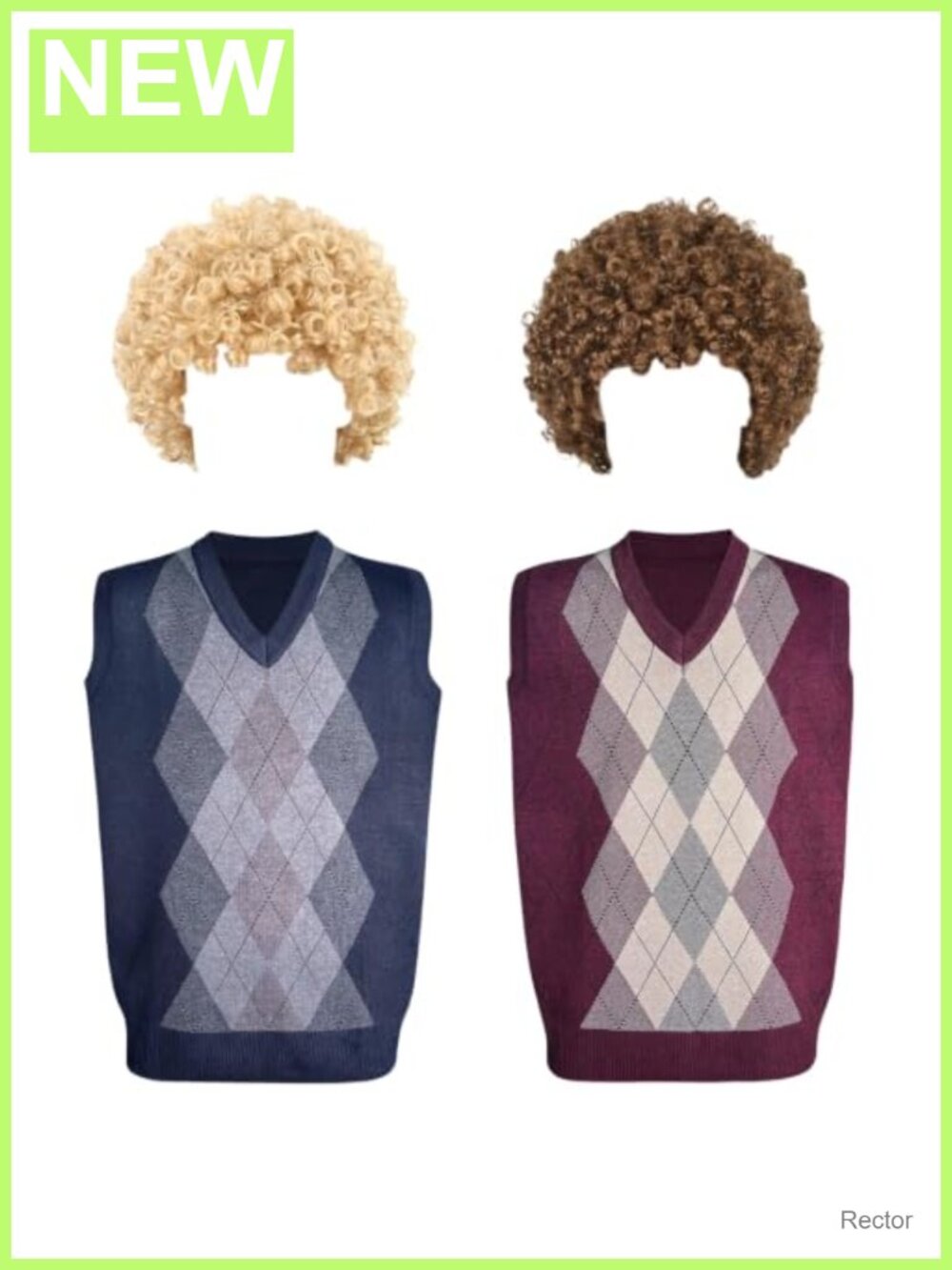 Unisex Cosplay Costume Set Argyle Knit Vests & Afro Wigs